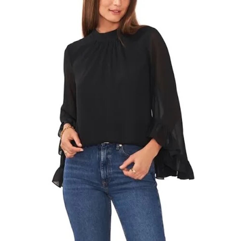 Vince Camuto Stand Collar Blouse Women's Small Black Ruffle Sleeves NWT
